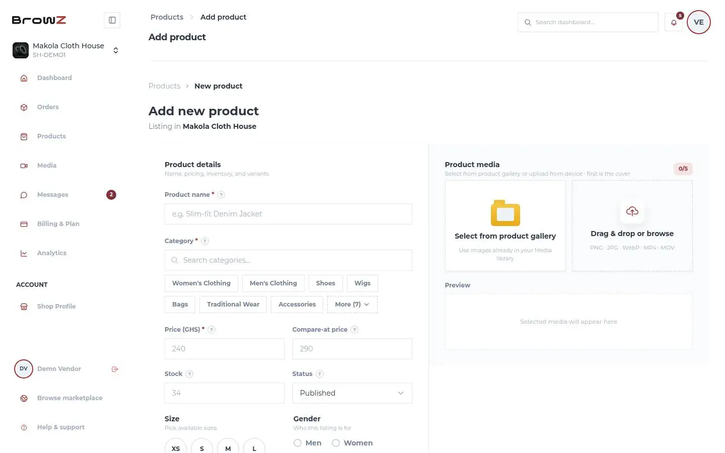 Adding a product on Browz